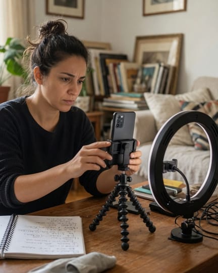 A creator setting up a phone and ring light in a living room