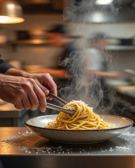 A chef plating fresh pasta in a restaurant kitchen