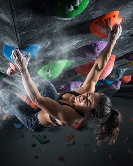A climber mid-move on an overhanging bouldering wall