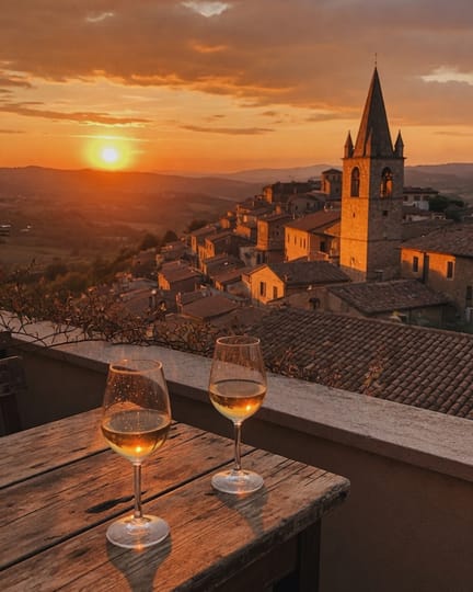 Two glasses of wine on a rooftop terrace overlooking a hilltop town at sunset