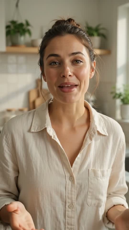 A creator talking to camera in a bright kitchen