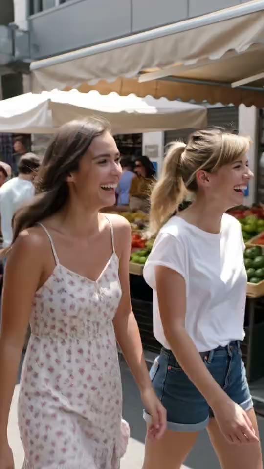 Two friends walking through a sunlit market
