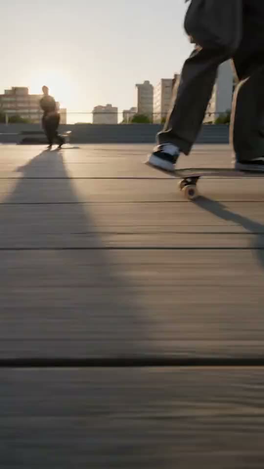 A skateboarder mid-trick in a plaza at golden hour