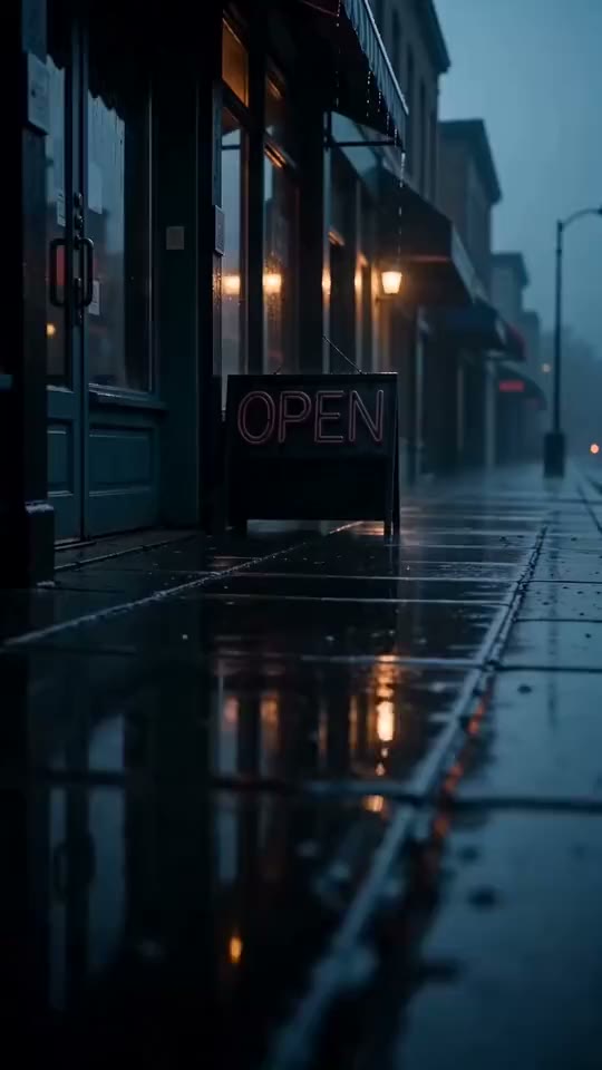 A neon OPEN sign glowing on a wet street at dusk
