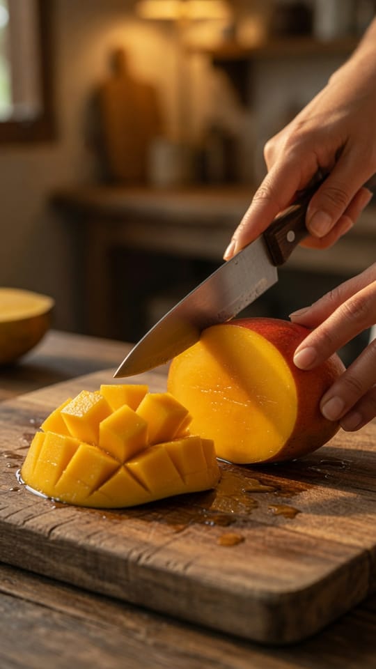 A carousel post showing a mango being sliced